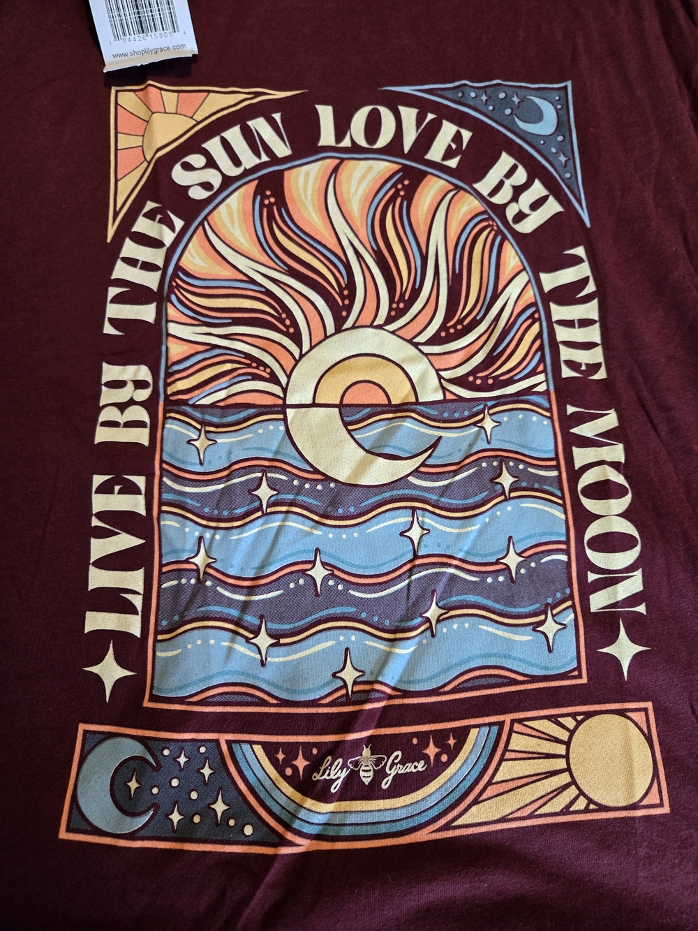 Lily Grace 'Sun & Moon' Graphic Tee - Maroon with Sunset & Moon XL